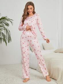 Floral Print Tee & Pants PJ Set / Pajama Set, Fall Winter Clothes - Pink - View 5