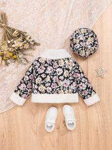 SHEIN Đứa bé gái In hoa Cổ áo Borg Lót Teddy Áo khoác & Mũ - màu đen - Xem 2