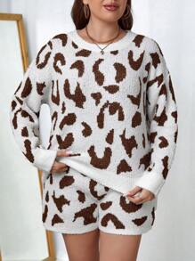 SHEIN Unity Plus Leopard Pattern Drop Shoulder Sweater & Knit Shorts - Multicolor - View 4