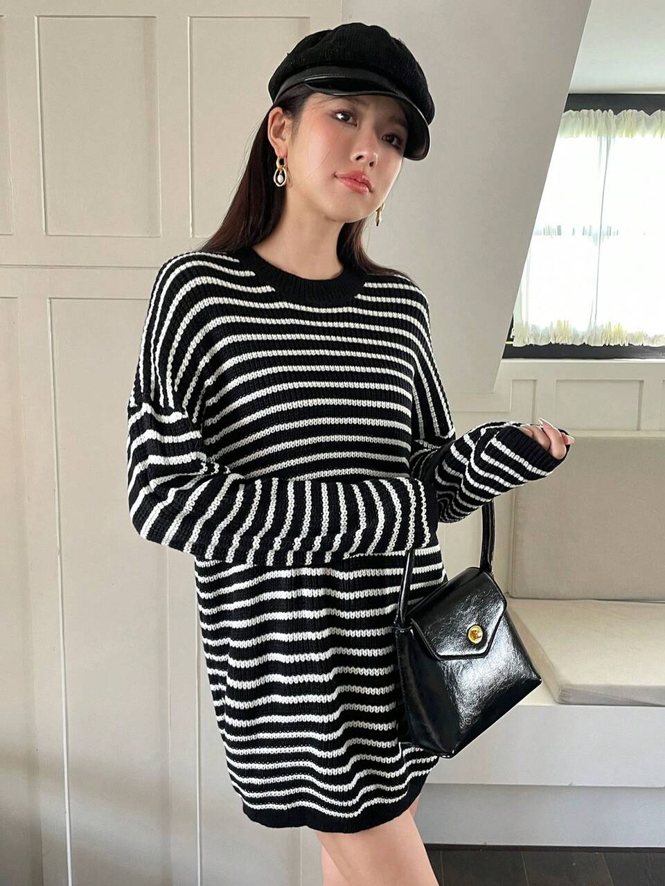 Striped Pattern Drop Shoulder Knit Pullover Fall Winter Sweater
