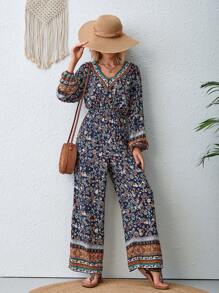 SHEIN VCAY 印花燈籠袖闊腿連體褲 - 彩色 - 查看 1