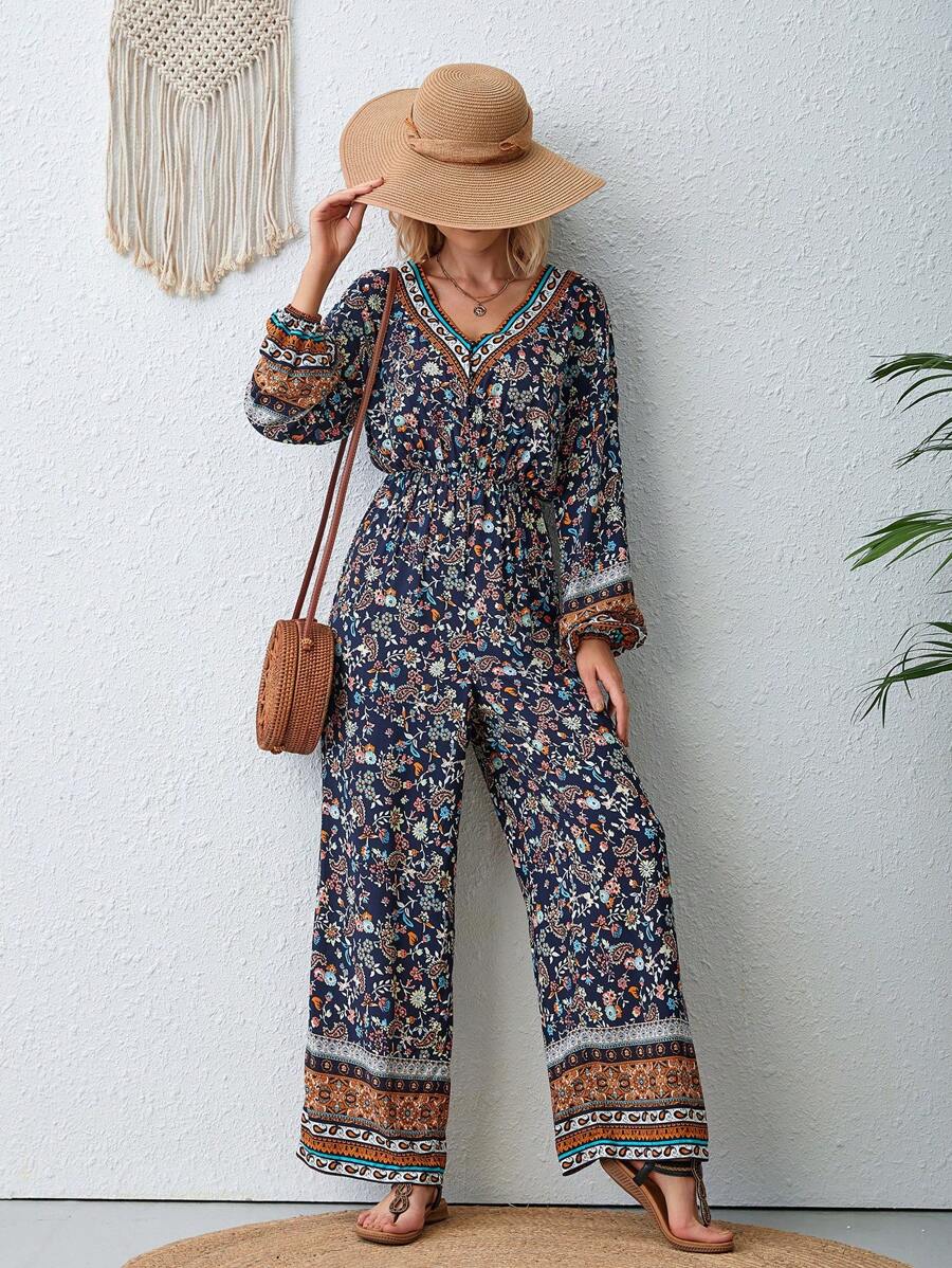 SHEIN VCAY 印花燈籠袖闊腿連體褲 - 彩色 - 查看 1