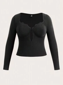 SHEIN ICON Talla grande Camiseta con abertura delantera - Negro - Ver 1