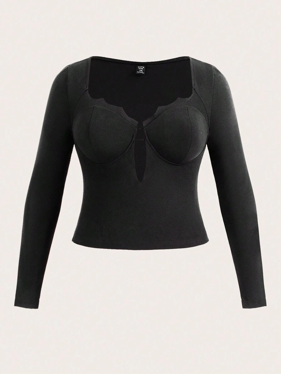 SHEIN ICON Talla grande Camiseta con abertura delantera - Negro - Ver 1