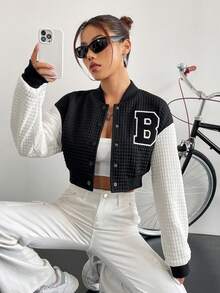 SHEIN Unity Thư được vá Khối màu Thả vai Mùa vụ Áo khoác Đại học - Đen và trắng - Xem 3