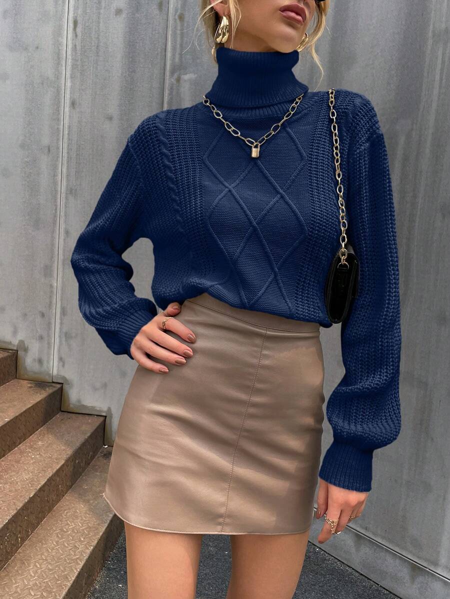 SHEIN Privé Turtleneck Cable Knit Drop Shoulder Sweater - Royal Blue - View 1