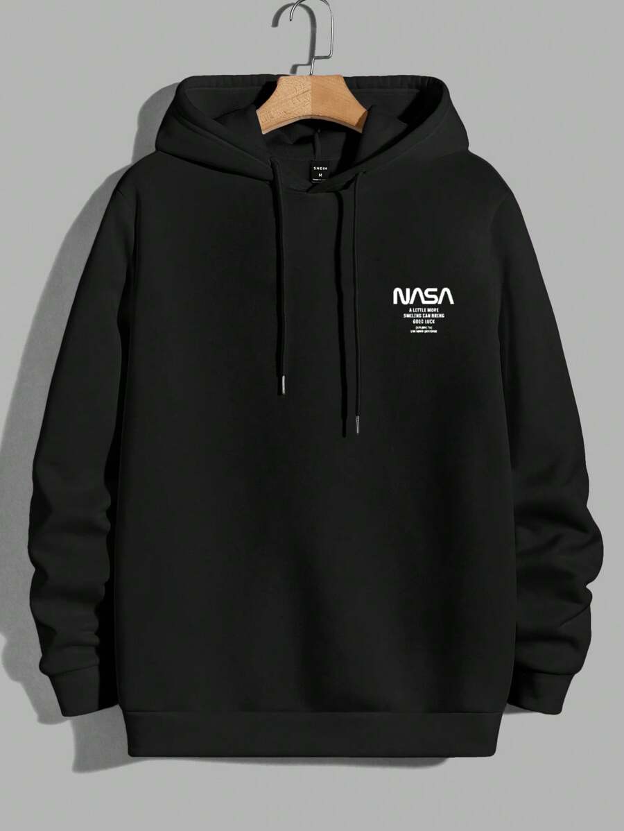 RueChic Men Slogan Graphic Drawstring Hoodie - Black - View 1