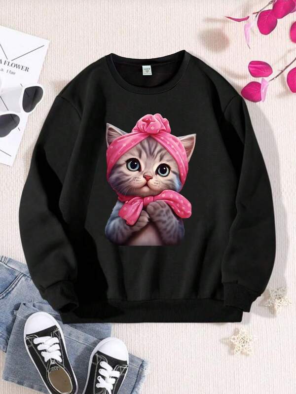 SHEIN Tween Girl Digital Printed Round Neck Sweatshirt , Spring & Autumn