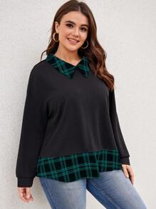 SHEIN LUNE 大碼格紋印花落肩袖二合一運動衫 - 墨綠色 - 查看 5