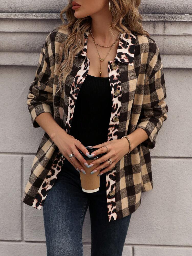 Leopard And Gingham Print Drop Shoulder Coat Fall Cloth For Women