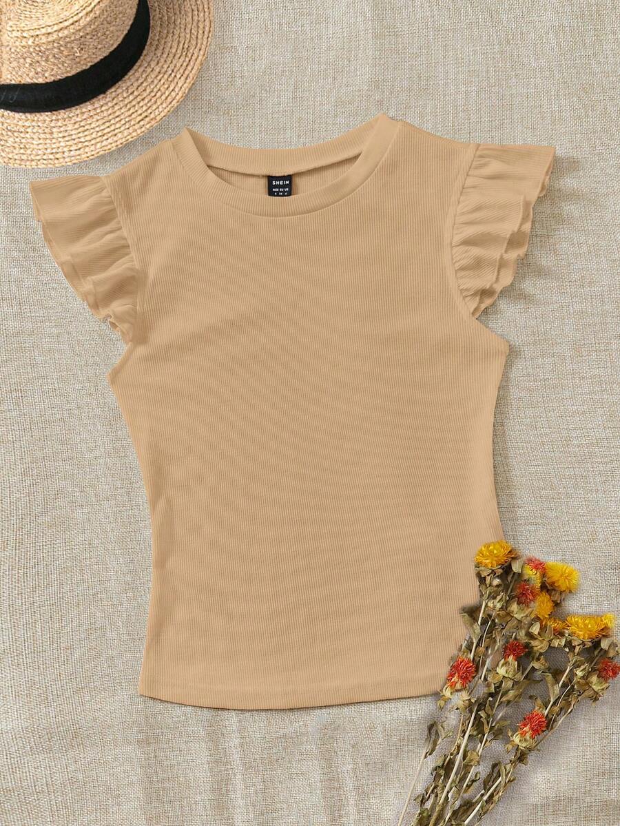 SHEIN VCAY Plus Solid Ruffle Trim Tee - Khaki - View 1