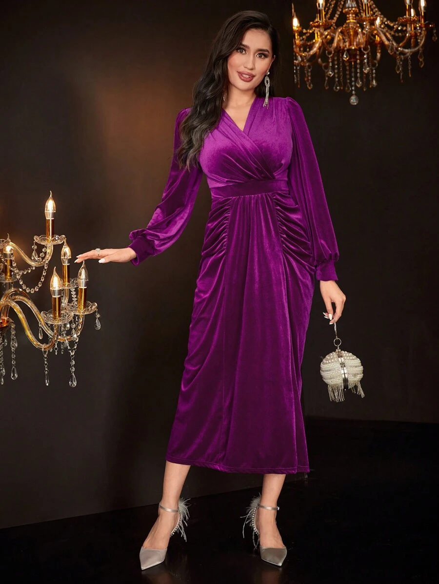 Modelyn Surplice cổ Tay áo lồng đèn Xù Nhung Đầm - Màu đỏ tím - Xem 1