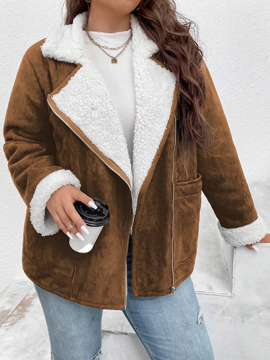 Flirla Plus Lapel Neck Teddy Lined Dual Pocket Faux Suede Coat - Camel - View 1