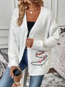 SHEIN Frenchy 聖誕樹刺繡落肩袖毛茸茸開襟衫 - 白色 - 查看 4