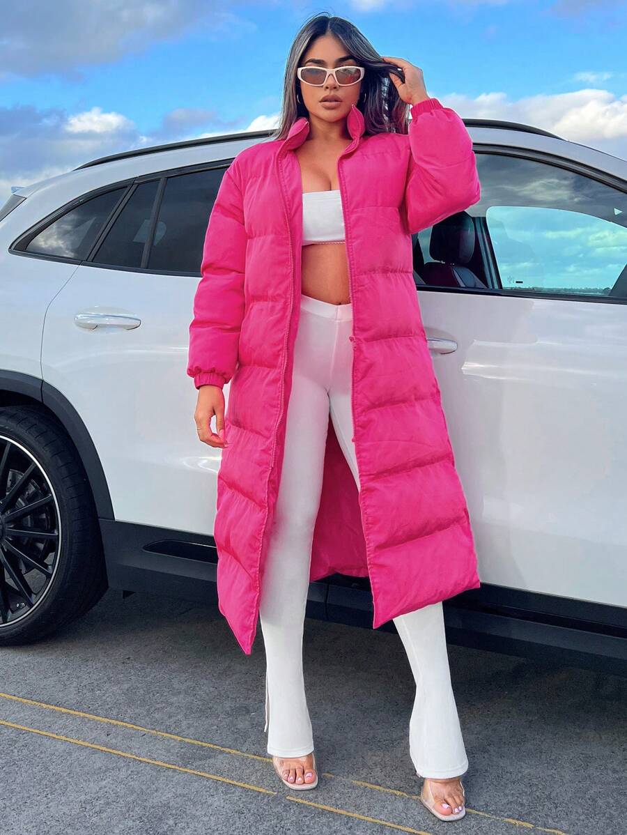 SHEIN SXY 冬季纯色拉链夹棉大衣 - 玫紅色 - 查看 1