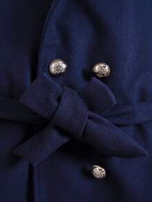 SHEIN Tween 女童时尚优雅羊毛材质拼接毛领系带大衣秋冬季 - 藏蓝色 - 查看 6