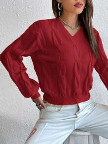 SHEIN Essnce 麻花編織落肩袖套頭毛衣 - 酒紅色 - 查看 5