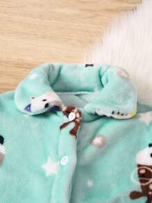 Young Boy Cartoon Graphic Dual Pocket Flannel PJ Set - Green - View 3