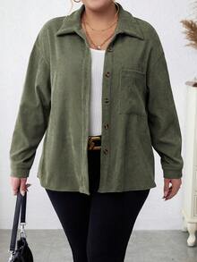 Calvaya Talla grande Camisa de hombros caídos con parche de bolsillo de pana - Verde militar - Ver 4