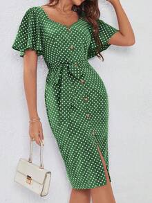 SHEIN VCAY 波點圖案蝴蝶袖繫腰帶洋裝 - 綠色 - 查看 4