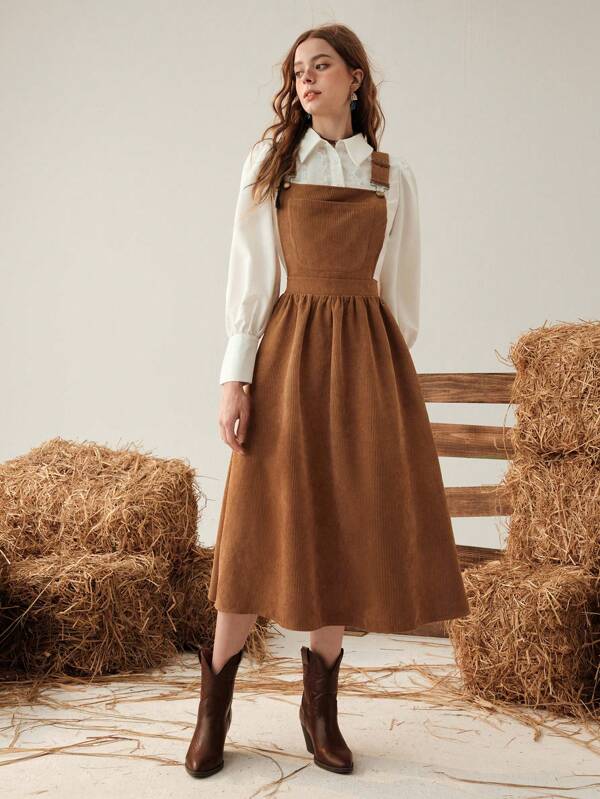 SHEIN MOD Solid Corduroy Overall Dress Without Shirt