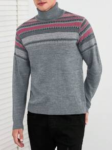 RueChic Men Geo Pattern Turtleneck Sweater - Grey - View 3