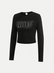 SHEIN Teen Girl Rhinestone Letter Pattern Crop Tee - Black - View 3