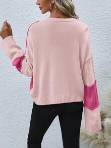 SHEIN LUNE 双色落肩针织套头衫秋冬毛衣 - 粉色 - 查看 2
