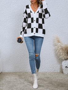 SHEIN Essnce Checkerboard Pattern Drop Shoulder Button Front Cardigan - Black - View 3