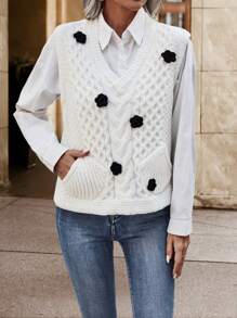 Chiquease 1入組花卉圖案麻花編織毛衣背心 - 白色 - 查看 1