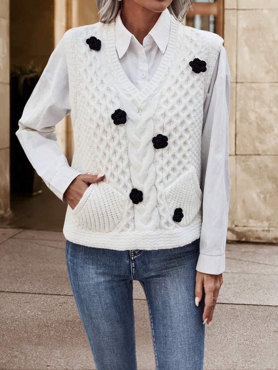 Chiquease 1入組花卉圖案麻花編織毛衣背心 - 白色 - 查看 1