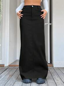 SHEIN EZwear Solid Maxi Straight Leg Skirt - Black - View 1