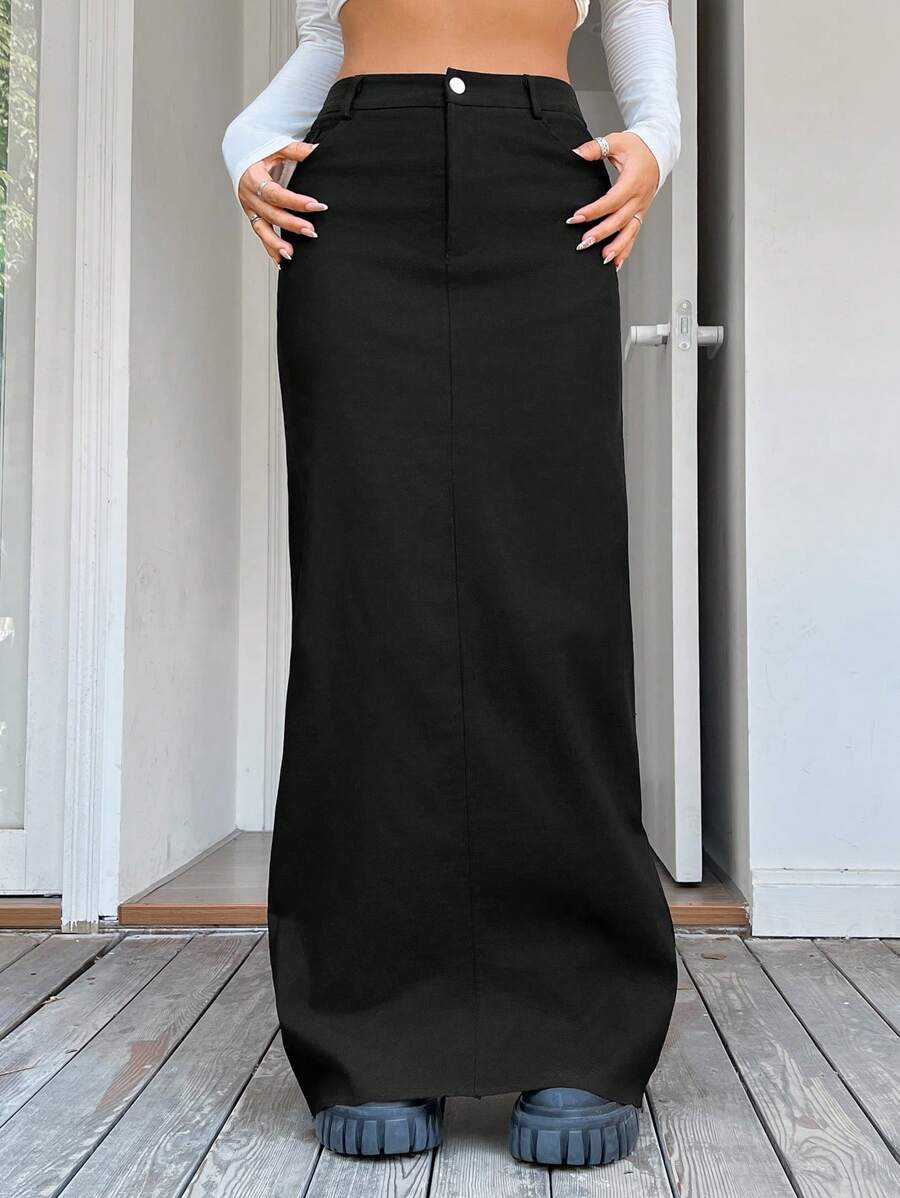 SHEIN EZwear Solid Maxi Straight Leg Skirt - Black - View 1