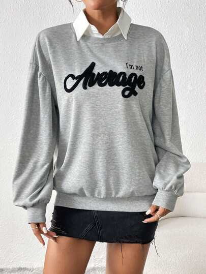 SHEIN Essnce Letter Flocking Drop Shoulder 2 In 1 Sweatshirt