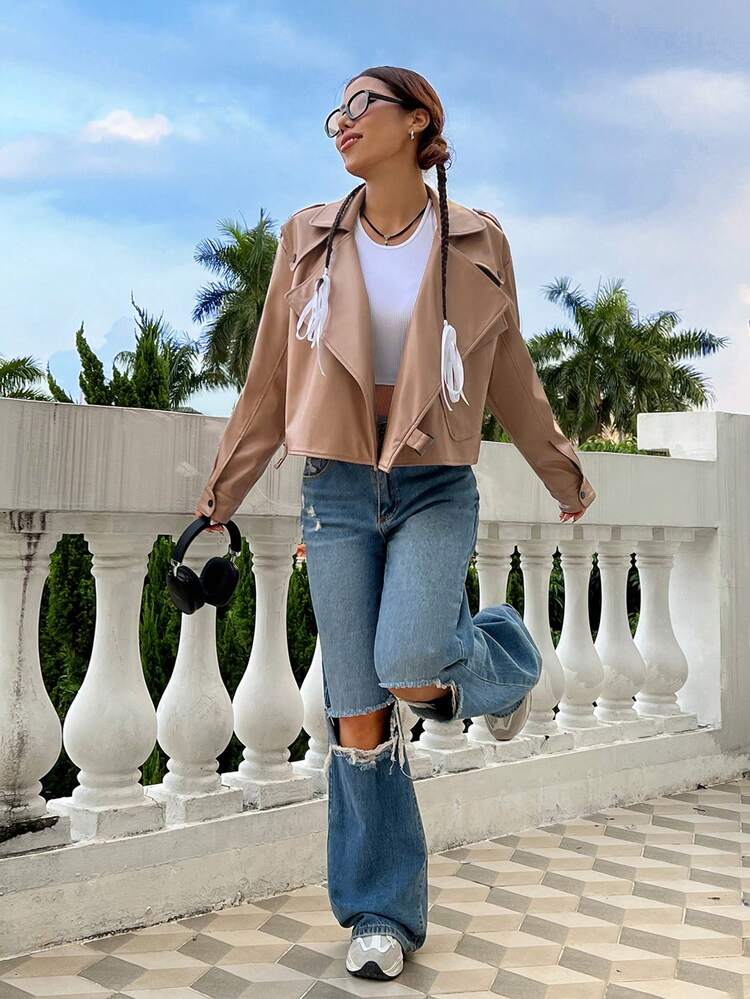 Zip Up PU Leather Moto Jacket Fall Cloth For Women