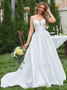 Contrast Mesh Cami Wedding Dress - Beige - View 2