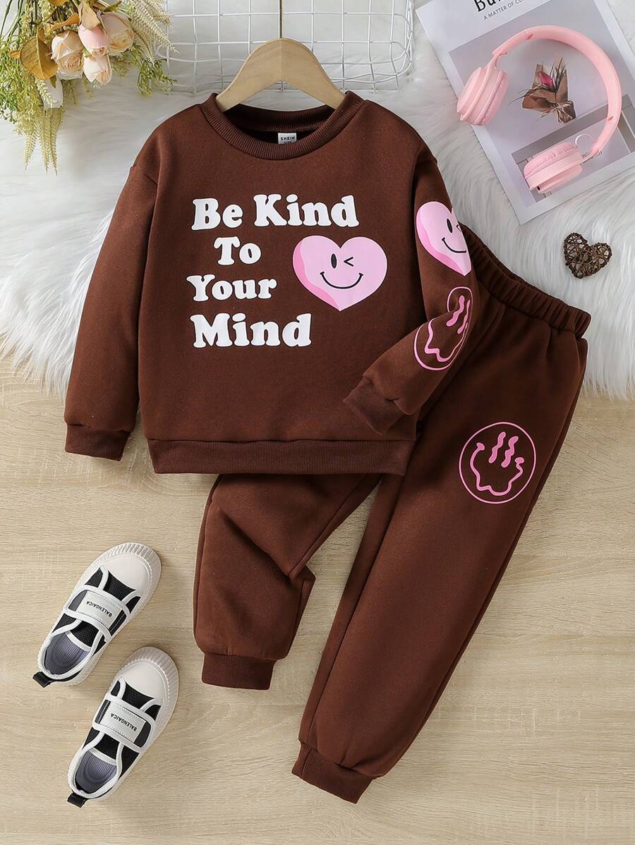 SHEIN 女小童標語圖案衛衣和衛褲 - 棕色 - 查看 1