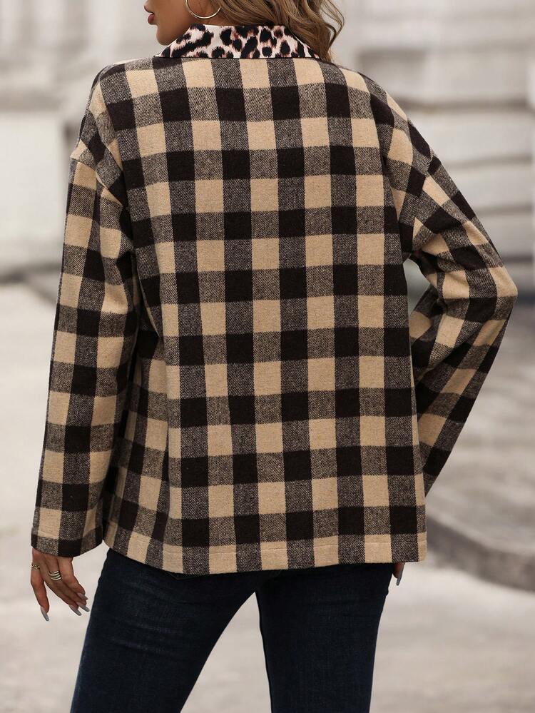 Leopard And Gingham Print Drop Shoulder Coat Fall Cloth For Women