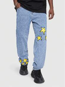 ROMWE MEN Street Life Guys Star Print Straight Leg Jeans - Blue - View 1