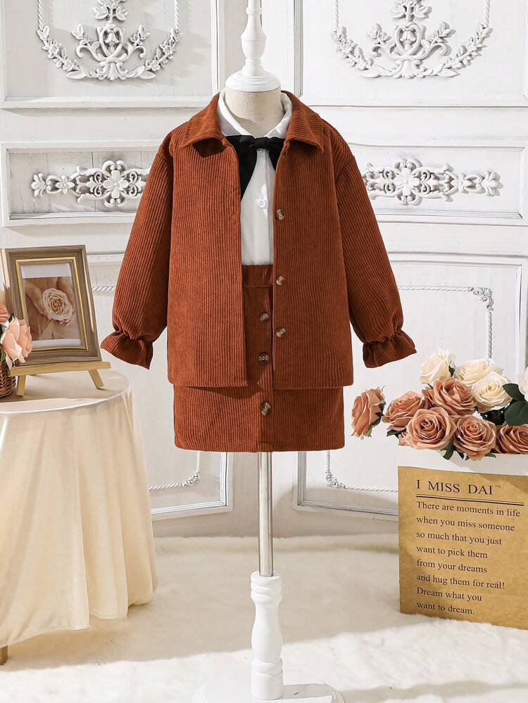 Young Girl Flounce Sleeve Corduroy Coat & Bow Front Skirt & Shirt
