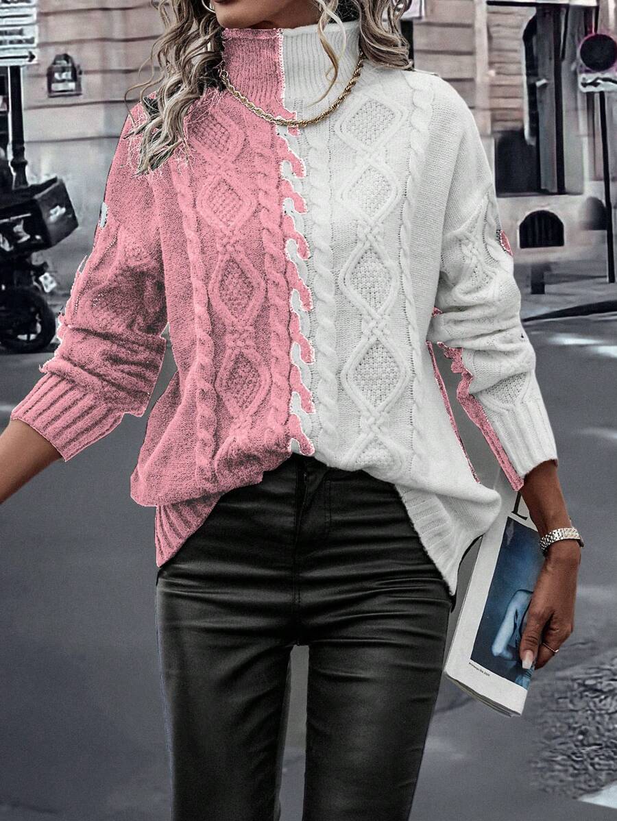 SHEIN LUNE 雙色高領麻花編織落肩袖套頭毛衣 - 藕粉色 - 查看 1