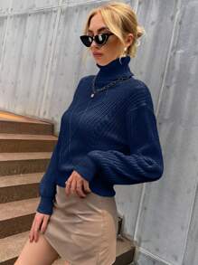 SHEIN Privé Turtleneck Cable Knit Drop Shoulder Sweater - Royal Blue - View 4