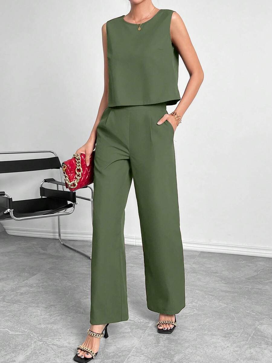 SHEIN Essnce Solid Tank Top & Wide Leg Pants - Army Green - View 1