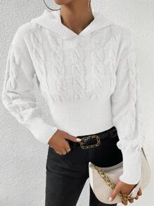 Chiquease Áo len dệt kim dáng ngắn, vai rớt, có mũ, thích hợp cho mùa thu đông. - trắng - Xem 3