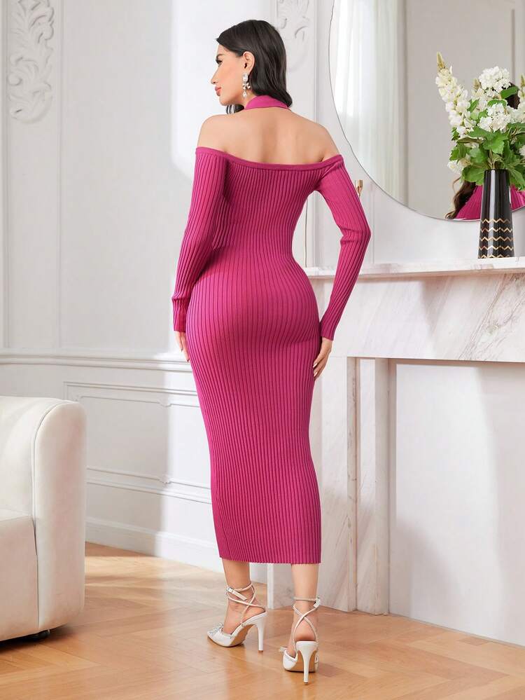 Cold Shoulder Ribbed Knit Sweater Dress Fall Cloth For Women