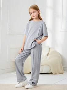 SHEIN Tween Girl Letter Patched Detail Tee & Pants - Light Grey - View 4