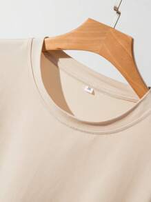 Manfinity Roughcore Men Letter Patched Detail Drop Shoulder Casual Short Sleeve Tee, Boyfriend Gift, For Work - Khaki - View 5