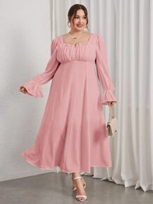 SHEIN Privé 大碼雞心領口喇叭袖洋裝 - 粉色 - 查看 1