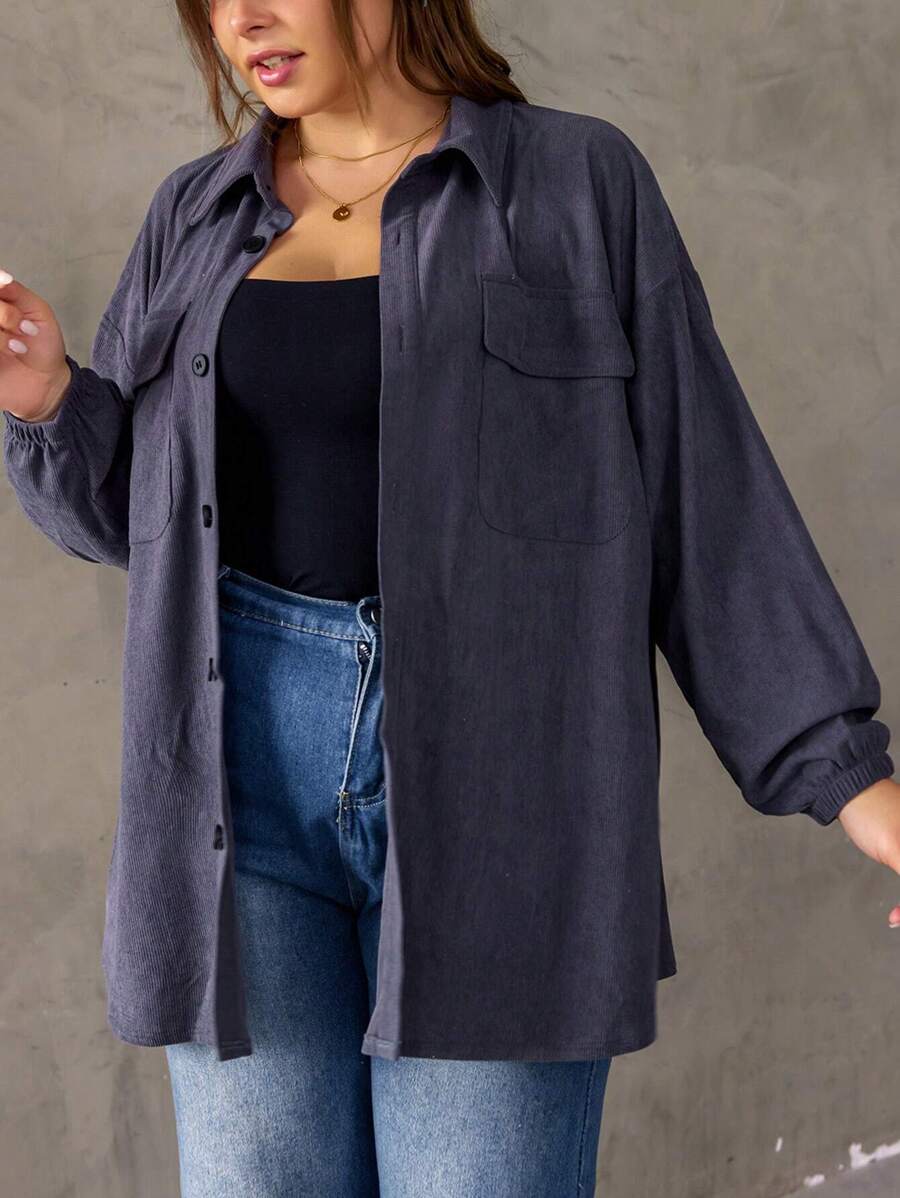 SHEIN EZwear Plus Letter Graphic Drop Shoulder Corduroy Coat