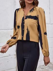 SHEIN Clasi Brush Print Lantern Sleeve Button Detail Blouse - Multicolor - View 5